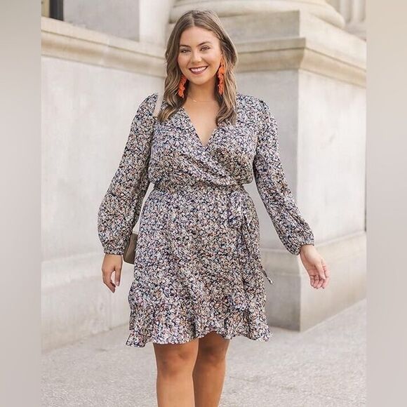 Caralyn Mirand The Drop Size 2X Navy Floral Long Sleeve Faux Wrap Front Dress - Picture 1 of 8